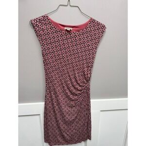 Loft Outlet Pink Black Geometric Ruched Sheath Dress Cap Sleeve XS Fully‎ Lined